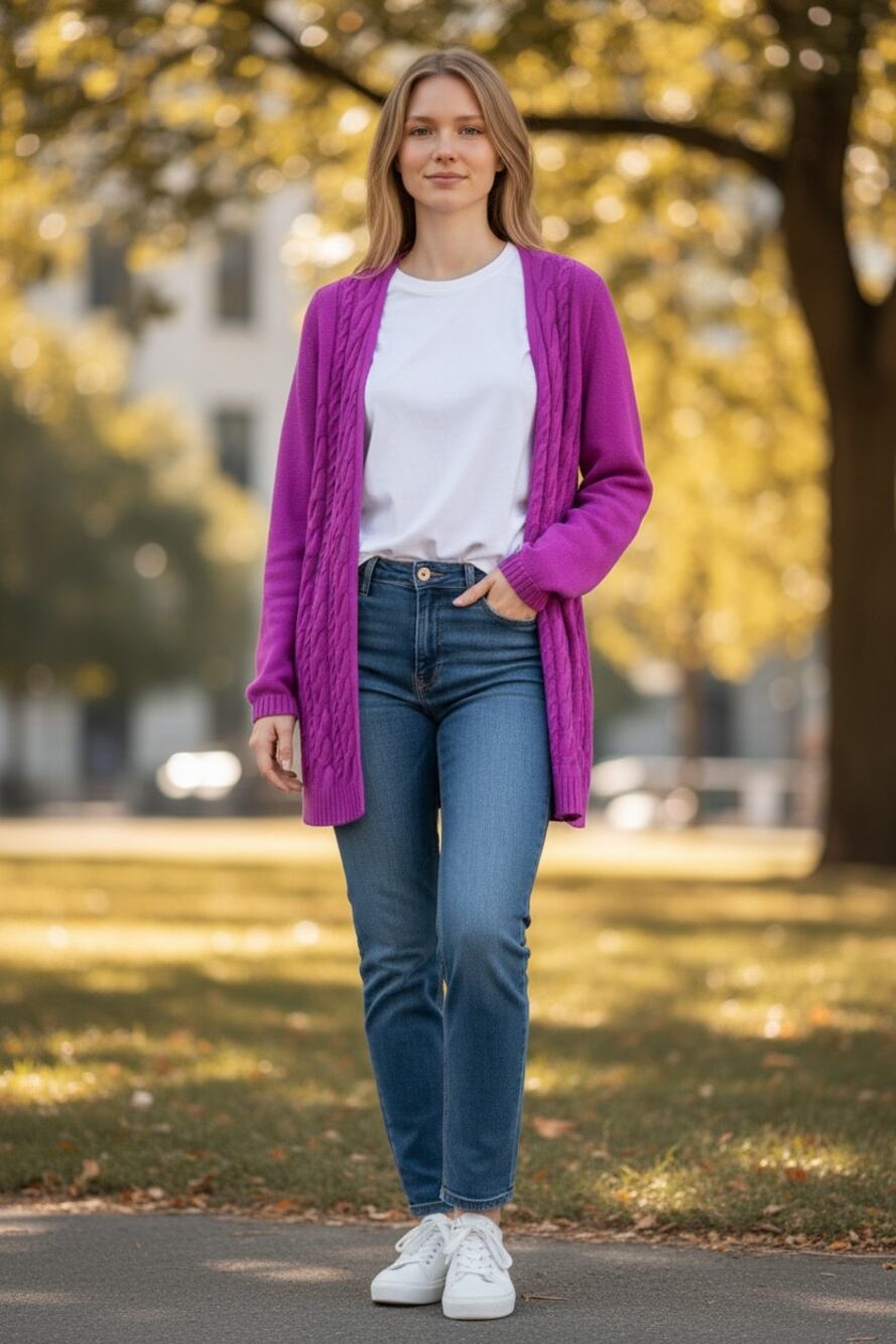 LANDS END Cardigan Size M Bright Purple Knit Drifter 100% Cotton Sweater